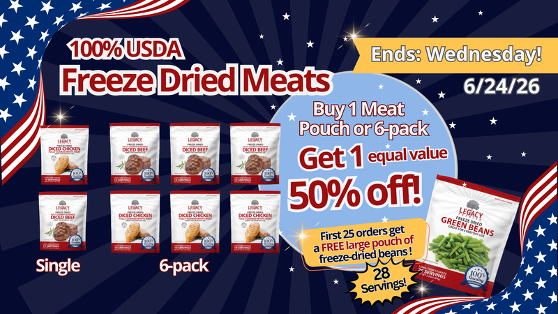 Promotional banner for freeze-dried meats with product packaging and special offer details.