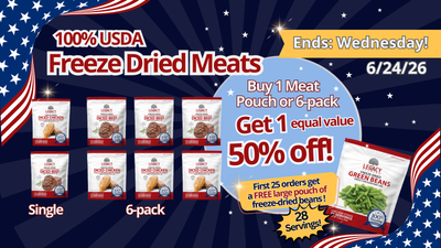 Promotional banner for freeze-dried meats with product packaging and special offer details.
