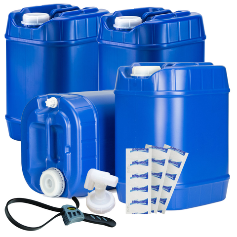 5 Gallon Stackable Blue Water Tank ‐ Set of 4 w/spigot and water treatment. Legacy Premium Food Storage